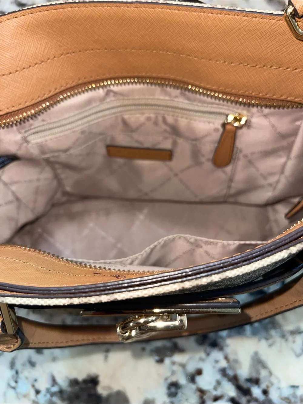 Michael Kors Beige MK Logo Satchel with Tan Trim and Gold Hardware